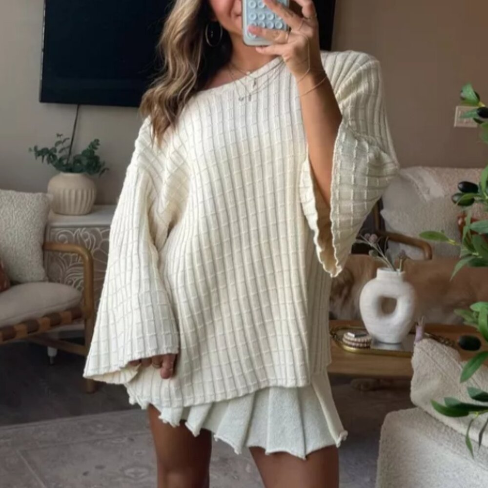 NEW Free People Kenzie Sweater Knit Mini Skirt Set Medium Natural Ivory Cream